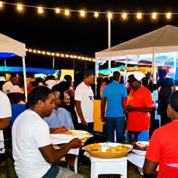 Caribbean Holidays, Barbados Tours, A lively Barbados evening with local food, musicians and visitors enjoying a friendly outdoor street celebration
