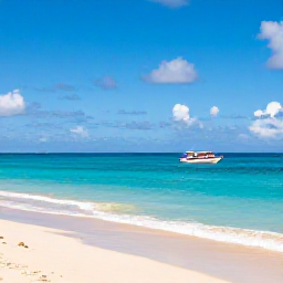 Caribbean Holidays, Barbados Tours, A sunny Barbados coastline in June with turquoise sea, golden sand and a small sightseeing boat near the shore