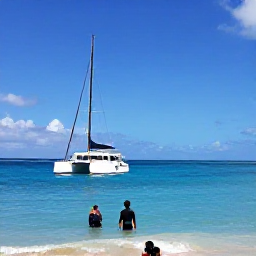 Caribbean Holidays, Barbados Tours April, A catamaran sailing along the west coast of Barbados in April, with clear blue water, snorkellers and a relaxed onboard atmosphere