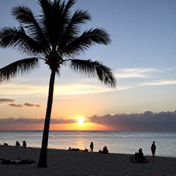 Caribbean Holidays, Barbados Tours April, A peaceful sunset over a Barbados beach in April, with palm silhouettes, calm sea and visitors enjoying the evening light