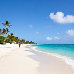 Caribbean Holidays, Barbados Tours April, A sunny Barbados beach in April with turquoise sea, soft white sand, palm trees and a few visitors enjoying the shoreline