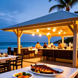 Caribbean Holidays, Barbados Tours, Barbados beachside restaurant at dusk with grilled fish, local dishes, outdoor tables and a relaxed Caribbean atmosphere