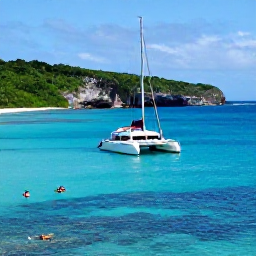 Caribbean Holidays, Barbados Tours, Barbados coastline in August with a catamaran sailing over clear blue water, snorkellers near a reef and green hills in the background