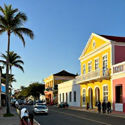 Caribbean Holidays, Barbados Tours, Colourful Barbados street scene in August, with historic Bridgetown buildings, palm trees and visitors exploring in warm sunshine