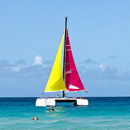 Caribbean Holidays, Barbados Tours, Colourful catamaran sailing along the calm west coast of Barbados with snorkellers and bright turquoise sea