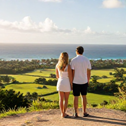 Caribbean Holidays, Barbados Tours, Couple enjoying a scenic Barbados tour viewpoint overlooking green countryside and the blue Caribbean Sea in warm January sunshine