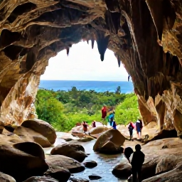 Caribbean Holidays, Barbados Tours, Dramatic view inside Harrison's Cave in Barbados with stalactites, underground stream and visitors on a guided walk