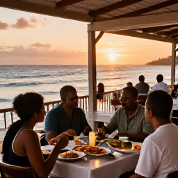 Caribbean Holidays, Barbados Tours, Friendly outdoor restaurant in Barbados at sunset, with local dishes, fresh seafood and visitors enjoying relaxed island dining