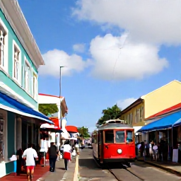 Caribbean Holidays, Barbados Tours, Historic Bridgetown street with colourful buildings, local shops, pedestrians and a traditional Bajan tram or bus