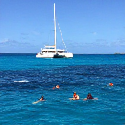 Caribbean Holidays, Barbados Tours July, A catamaran cruise along the west coast of Barbados with visitors snorkelling in clear blue water beside sea turtles