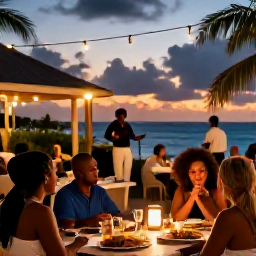 Caribbean Holidays, Barbados Tours July, A relaxed Barbados evening with outdoor dining, local food, live music and a sunset over the Caribbean Sea