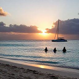 Caribbean Holidays, Barbados Tours March, Barbados west coast beach in March with calm turquoise water, snorkellers and a catamaran cruise at sunset