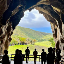 Caribbean Holidays, Barbados Tours March, Tropical Barbados interior with Harrison's Cave, green hills, palm trees and visitors on a guided island tour