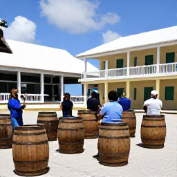 Caribbean Holidays, Barbados Tours May, A friendly Barbados rum distillery tour with visitors tasting rum, surrounded by wooden barrels and historic buildings
