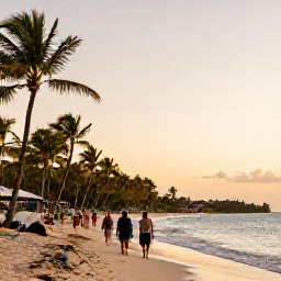 Caribbean Holidays, Barbados Tours May, A relaxed evening on a Barbados beach with warm golden light, people walking by the sea and palm trees along the shore