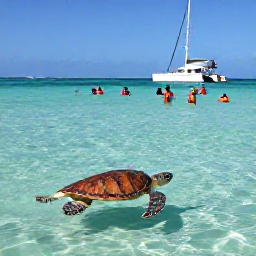 Caribbean Holidays, Barbados Tours May, Visitors snorkelling in clear shallow water beside a sea turtle at Carlisle Bay, Barbados, with a catamaran in the background