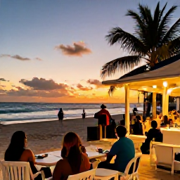 Caribbean Holidays, Barbados Tours, Relaxed evening in Barbados with a beachfront restaurant, local food, live music and sunset over the sea