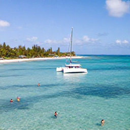 Caribbean Holidays, Barbados Tours, Small catamaran sailing along the west coast of Barbados with clear water, snorkellers and a sunny coastline in the background