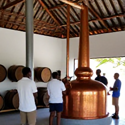 Caribbean Holidays, Barbados Tours, Traditional rum distillery in Barbados, showing copper stills, wooden barrels and visitors enjoying a guided tasting
