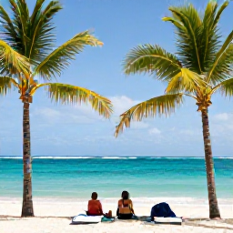Caribbean Holidays, Barbados Tours, Travellers relaxing on a beautiful Barbados beach after a day of sightseeing, with palm trees and calm turquoise sea