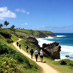 Caribbean Holidays, Barbados Walking, Dramatic Atlantic coastline at Bathsheba, Barbados, with walkers on a scenic trail, rock formations and rolling waves