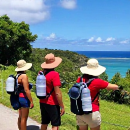 Caribbean Holidays, Barbados Walking Holidays, A Barbados walking holiday scene with hikers carrying water, wearing sun hats and resting beside a tropical viewpoint