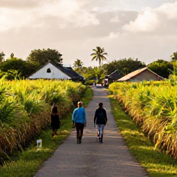Caribbean Holidays, Barbados Walking Holidays, A country lane in Barbados passing sugar cane fields, traditional chattel houses and tropical vegetation, with walkers exploring in warm morning light