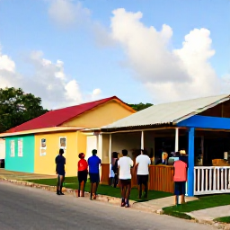 Caribbean Holidays, Barbados Walking Holidays, A friendly Barbados village scene with walkers stopping at a small caf&eacute;, colourful buildings and local people in the afternoon