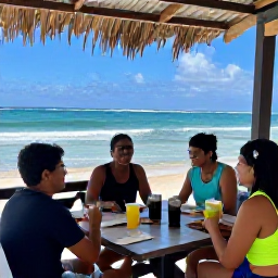 Caribbean Holidays, Barbados Walking Holidays, A friendly group of walkers resting at a Barbados beach caf&eacute; after a morning hike, with refreshments and sea views