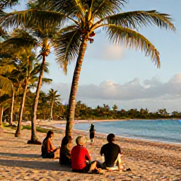Caribbean Holidays, Barbados Walking Holidays, A friendly group of walkers resting beneath palm trees near a sandy Barbados beach at late afternoon