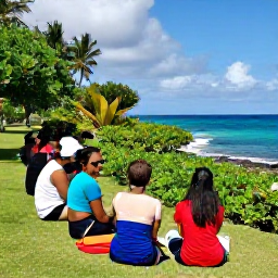 Caribbean Holidays, Barbados Walking Holidays, A friendly guided walking group resting beside a Barbados coastline, with refreshments, tropical plants and bright ocean views