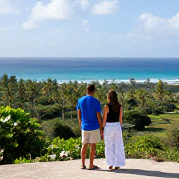 Caribbean Holidays, Barbados Walking Holidays, A friendly walking holiday couple taking a break at a scenic viewpoint in Barbados, with tropical greenery and ocean views