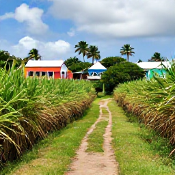 Caribbean Holidays, Barbados Walking Holidays, A green Barbados countryside path passing sugar cane fields, colourful houses and tropical vegetation