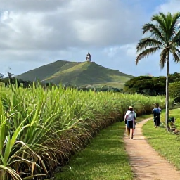 Caribbean Holidays, Barbados Walking Holidays, A green Barbados countryside trail through sugar cane fields, with a distant church tower, rolling hills and a couple walking beneath palm trees