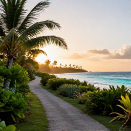 Caribbean Holidays, Barbados Walking Holidays, A peaceful coastal walking trail in Barbados at sunrise, with golden light, turquoise sea and tropical vegetation