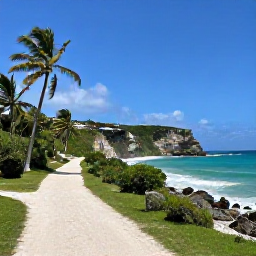 Caribbean Holidays, Barbados Walking Holidays, A quiet coastal walking trail beside turquoise sea, coral cliffs and swaying palms in Barbados during sunny May weather