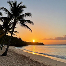 Caribbean Holidays, Barbados Walking Holidays, A relaxed Barbados beach at sunset after a day of walking, with warm sand, calm turquoise water and silhouettes of palm trees