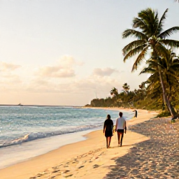 Caribbean Holidays, Barbados Walking Holidays, A relaxed beach walk in Barbados at golden hour, with soft sand, calm turquoise water and palm trees