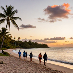 Caribbean Holidays, Barbados Walking Holidays, A relaxed group of walkers enjoying a Barbados beach at sunset, with calm water, warm light and palm trees