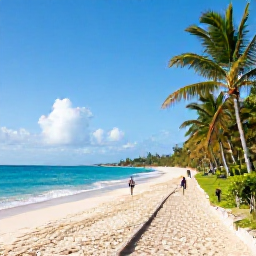 Caribbean Holidays, Barbados Walking Holidays, A scenic Barbados coastal path in January, with turquoise sea, golden sand, swaying palms and walkers enjoying the morning sunshine