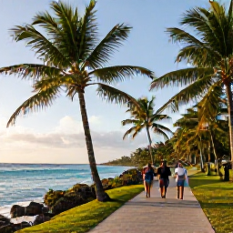 Caribbean Holidays, Barbados Walking Holidays, A scenic Barbados coastal path in July with turquoise sea, swaying palms and walkers enjoying the warm Caribbean morning