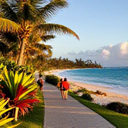 Caribbean Holidays, Barbados Walking Holidays, A scenic Barbados coastal path in November, with turquoise sea, golden sand, tropical plants and walkers enjoying the warm morning light