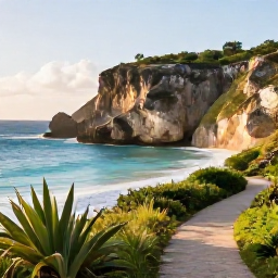 Caribbean Holidays, Barbados Walking Holidays, A scenic coastal walking trail in Barbados in June, with turquoise sea, coral cliffs, tropical plants and soft morning sunlight