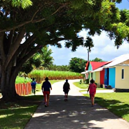 Caribbean Holidays, Barbados Walking Holidays, A shaded rural lane in Barbados with walkers, sugar cane fields, colourful houses and tropical greenery in warm June weather