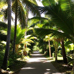Caribbean Holidays, Barbados Walking Holidays, A shaded walking trail through tropical woodland in Barbados, with tall palms, broad leaves and dappled sunlight