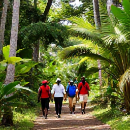 Caribbean Holidays, Barbados Walking Holidays, A shaded woodland trail through Barbados countryside with tropical plants, tall trees and a friendly guided walking group