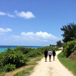 Caribbean Holidays, Barbados Walking Holidays, A sunny Barbados coastal path with walkers enjoying sea views, green vegetation and gentle February sunshine