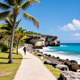 Caribbean Holidays, Barbados Walking Holidays, A sunny coastal walking trail beside turquoise sea, swaying palms and rugged coral cliffs in Barbados