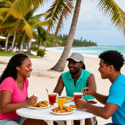 Caribbean Holidays, Barbados Walking Holidays, Friendly walkers enjoying a beachside refreshment in Barbados, with colourful local food, palm trees and a relaxed Caribbean setting