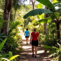 Caribbean Holidays, Barbados Walking Holidays, Friendly walkers enjoying a guided nature trail through a lush Barbados forest with tropical plants and dappled sunlight